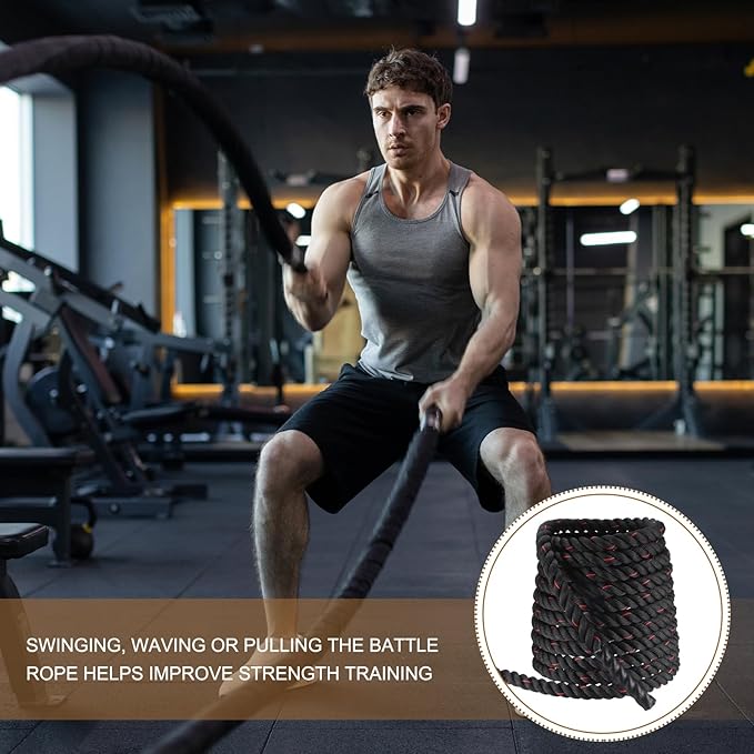 MECCANIXITY Battle Rope 50ft x 1.5 Inch Polyester Workout Rope Heavy Fitness Exercise Rope for Strength Training Home Gym Muscle Building, Black Red