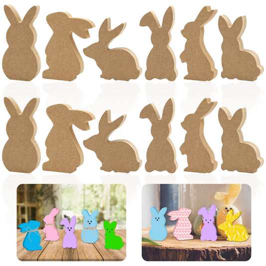 24 Pieces Easter Wooden Bunny Cutouts Unfinished Bunny Table Wooden Signs Peeps Bunny Shaped Blank Wooden Signs Rabbit Shape Tabletop Decor for Easter Spring Home Classroom DIY Art Craft, 6 Designs