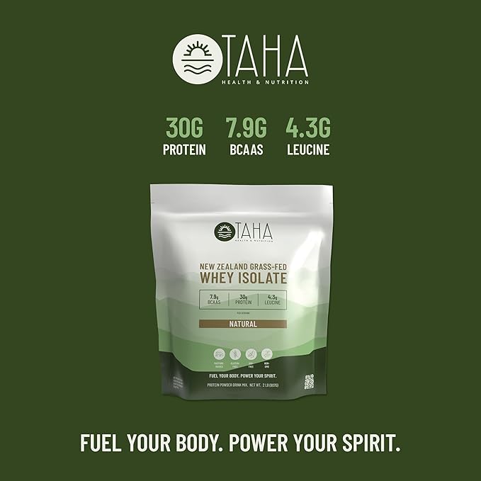 Taha Health & Nutrition Natural Unflavored Whey Protein Isolate, 30g Protein, 7.9g BCAAs, 4.3g Leucine | New Zealand Grass-Fed, Free-Range Dairy | Gluten & Soy Free, Keto, Kosher | 2LB, ~26 Servings