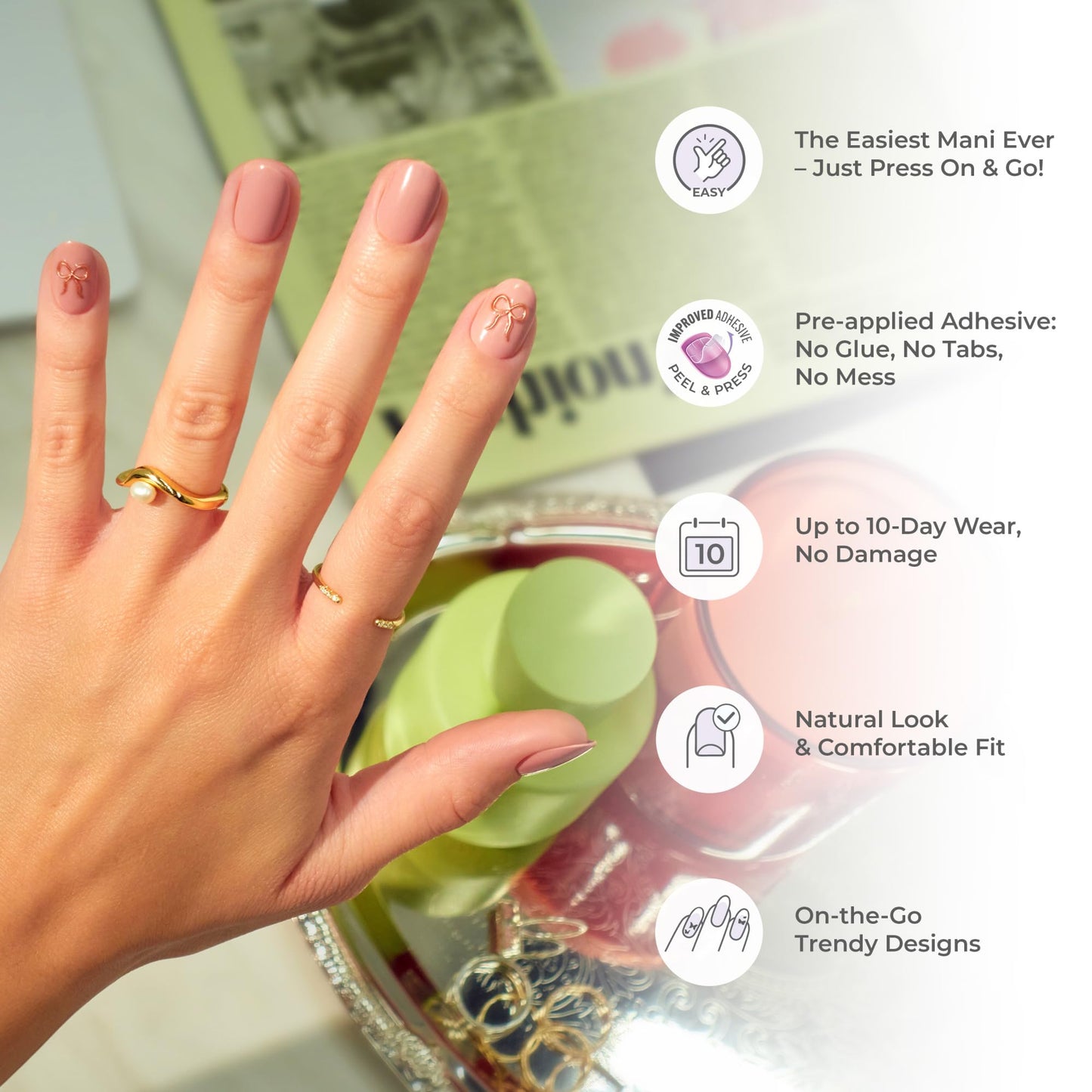 Kiss Impress No Glue Mani Press On Nails, Design, 'Even Better', Pink, Short Size, Oval Shape, Includes 30 Nails, Prep Pad, Instructions Sheet, 1 Manicure Stick, 1 Mini File