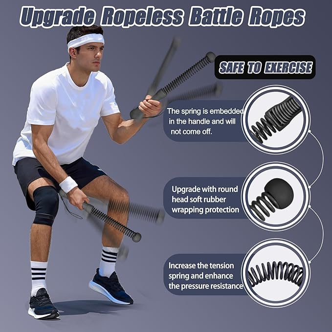 New Upgrade Second-Generation Weighted Ropeless Battle Ropes for Home Gym,Quiet Cordless Training Rope Fitness Equipment for Women and Men,Portable Cordless Battle Rope for Home&Outdoors,2PCS(Black)
