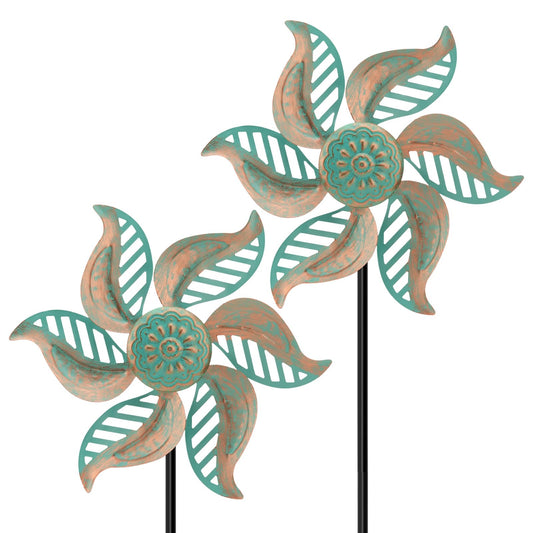 Jusimux 2 Pack Wind Spinners Outdoor Metal Vintage Green, Waterproof Wind Sculptures Garden Pinwheels & Decorative Stakes, Small Windmills for Yard Lawn Patio Outdoor Garden Decor (Type 36)