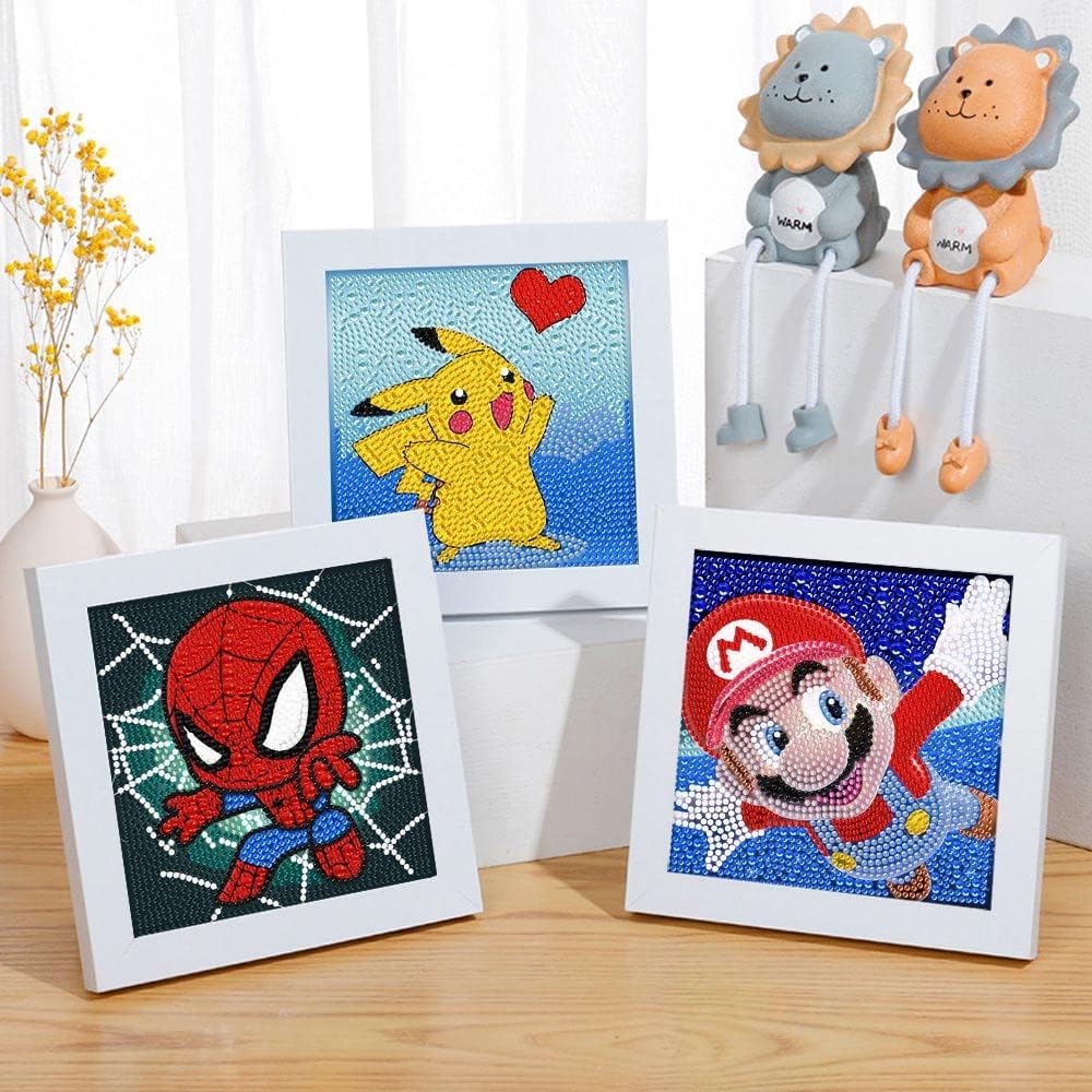 LWZAYS 6 Pack 5D Cartoon Diamond Painting Kits for Kids Beginners, Diamond Art Kit for Kids Ages 8-12, Mosaic DIY Full Round Drill Big Gem Art for Kid, Home Wall Decoration 6X6 inch