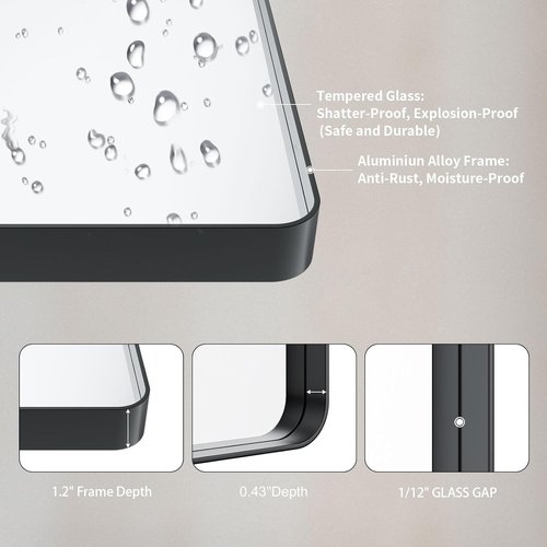 LOAAO Black Metal Framed Bathroom Mirror - Large Rounded Rectangle, Anti-Rust Tempered Glass, 50x30 Inch