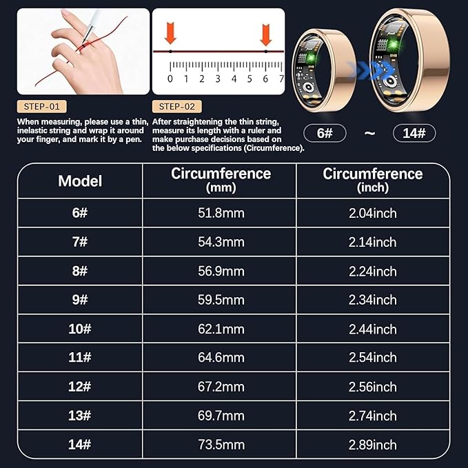 Ring Health Tracker for Women Men, Fit Ring with Heart Rate, Blood Oxygen, Sleep Monitor, Calories, Step Counter, IP68 Waterproof Smart Ring for iPhone & Android, No Subscription Fee (Rose Gold, 6#)