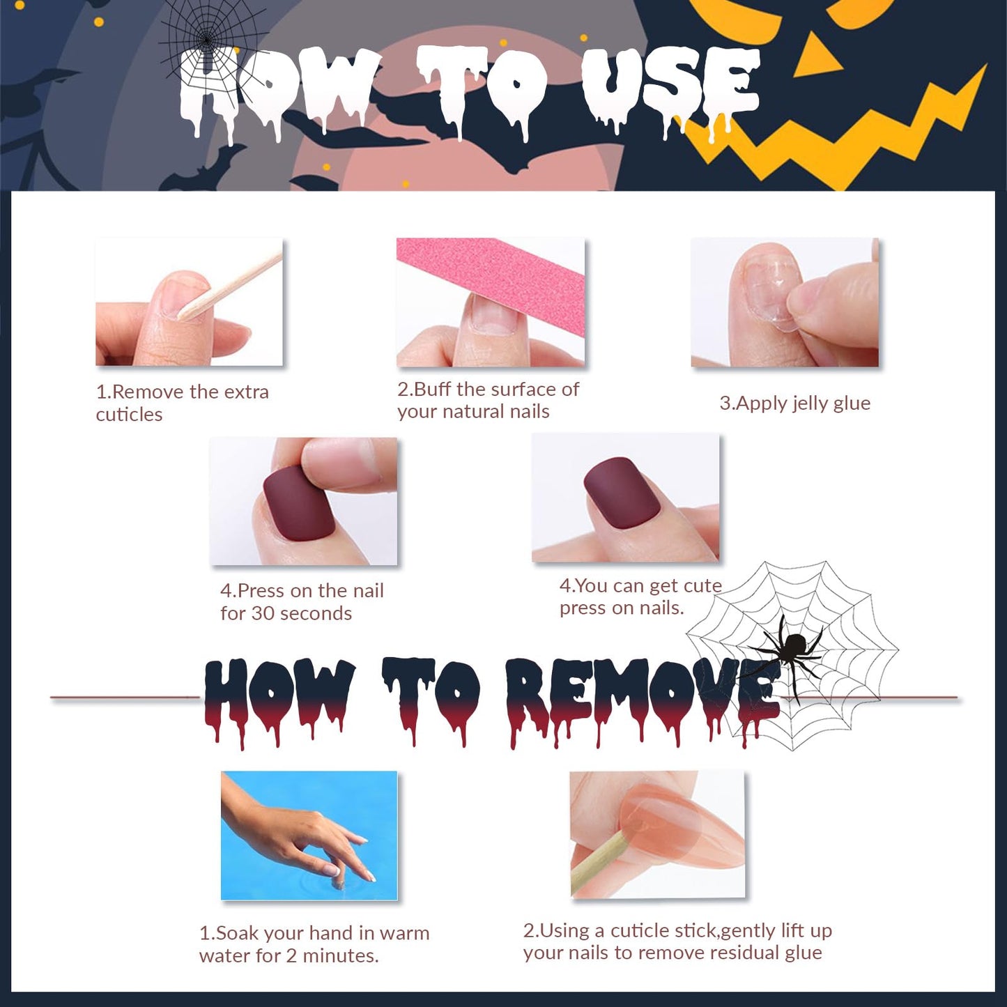 Halloween Press on Nails Long Coffin Fake Nails Cute Pumpkin Ghost Blue Glue on Nails French Tip False Nail with Designs Stars Bat Glossy Stick on Nail for Women Manicure 24 Pcs
