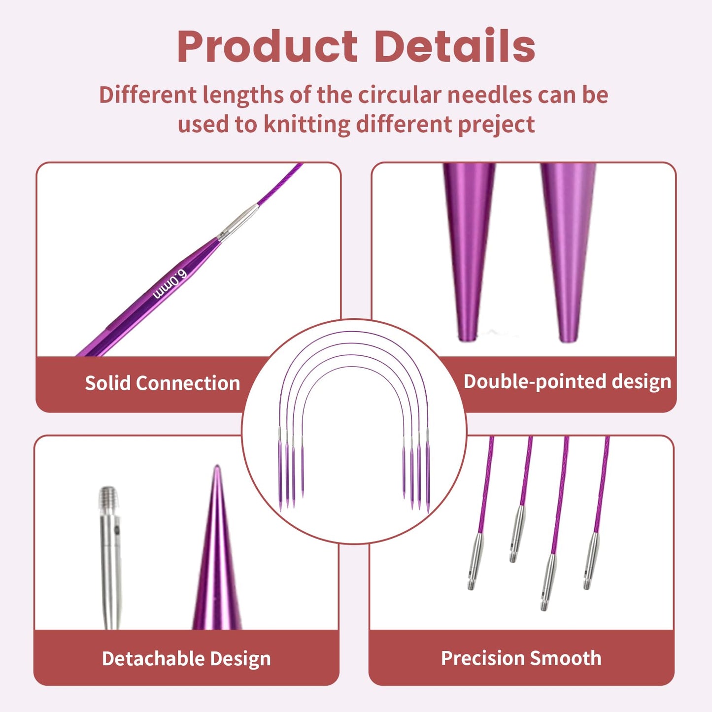liomey Interchangeable Circular Knitting Needles Set - 13 Pairs of 4 Inch (3mm-10mm), Aluminum Needles, Ergonomic Design for Beginners and Advanced Knitters, Purple