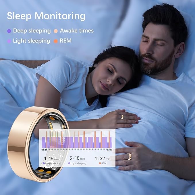 Ring Health Tracker for Women Men, Fit Ring with Heart Rate, Blood Oxygen, Sleep Monitor, Calories, Step Counter, IP68 Waterproof Smart Ring for iPhone & Android, No Subscription Fee (Rose Gold, 8#)
