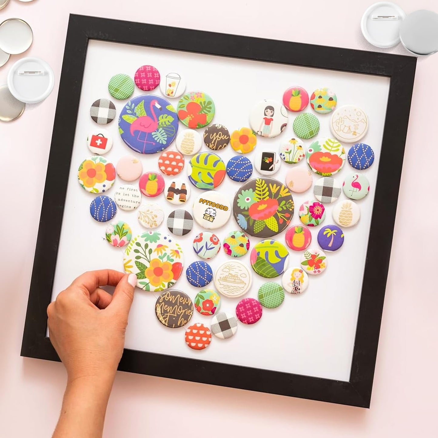 PPTTOODD 100 Sets 58mm / 2.25 in (Approx. 2-1/4 inch) Button Making Supplies for Your Round Button Maker Machine, Including Metal Covers, Plastic Back Covers, Clear Plastic Film & Blank Paper