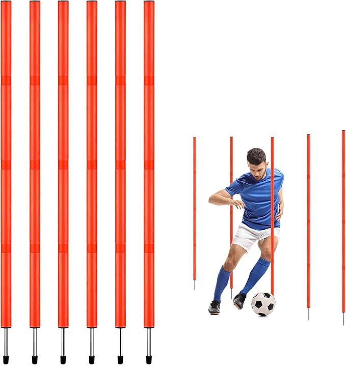 TOBWOLF 6PCS 6FT Adjustable Soccer Agility Training Poles, Detachable Sports Training Speed Sticks, Slalom Training Agility Pole Set, Outdoor Speed & Agility Turf Training Poles for Soccer Drills