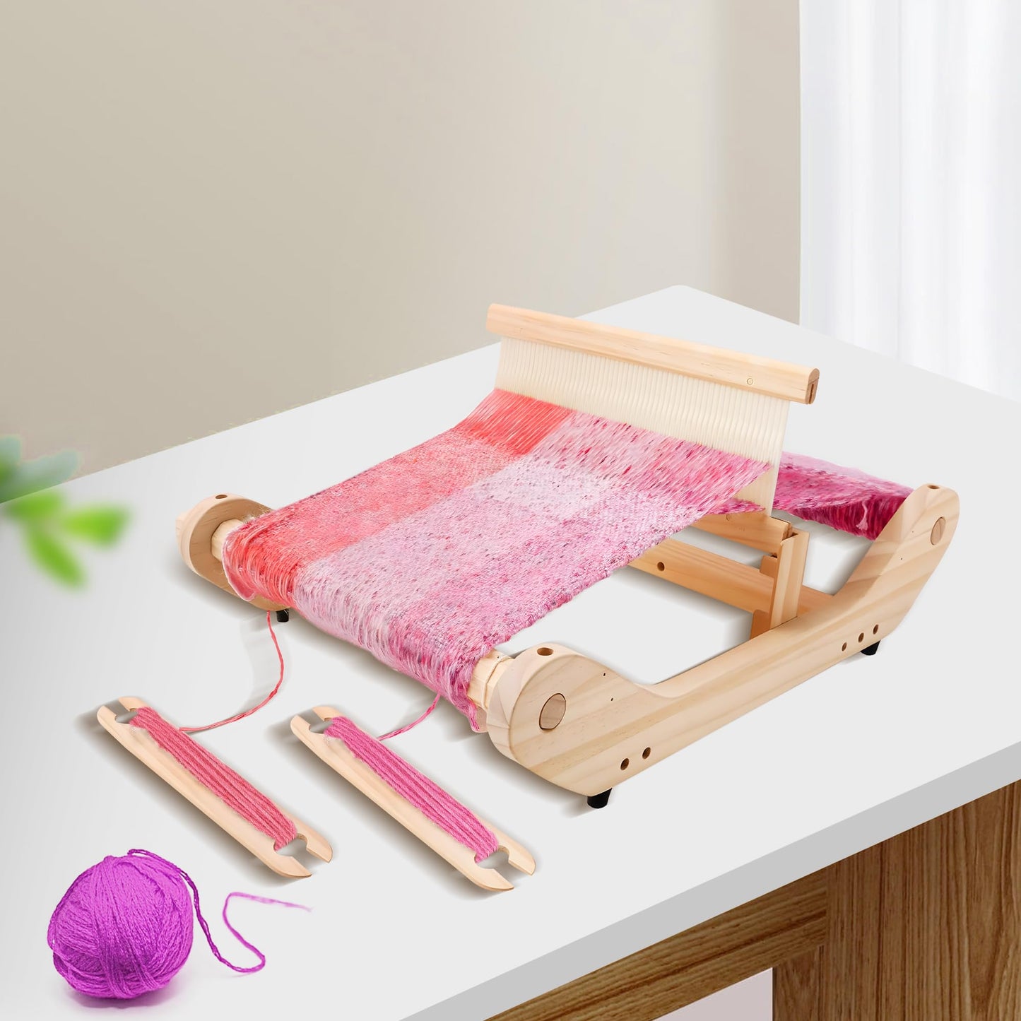 12 Inch Wooden Weaving Loom Kit for Adults Beginners, Multi-Craft Frame Loom with Rigid Heddle Shed Stick & Yarn Stand, Portable Warping Threads Loom with Adjustable Pegs and Weaving Tools