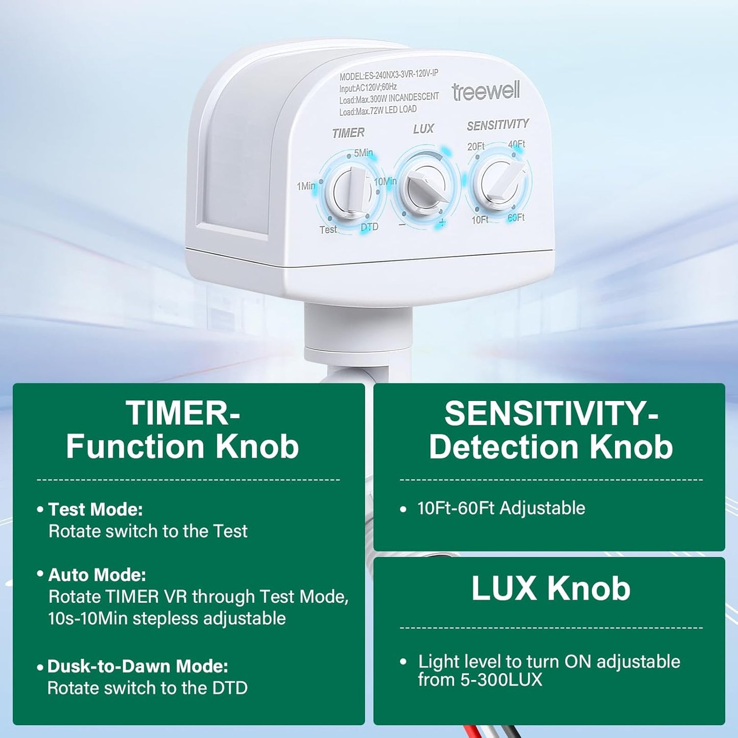 treewell 2 Pack 240-Degree LUX(5-300) 60 3 Replacement Motion Sensor, Adjustable & Time & Detection Sensitivity Up