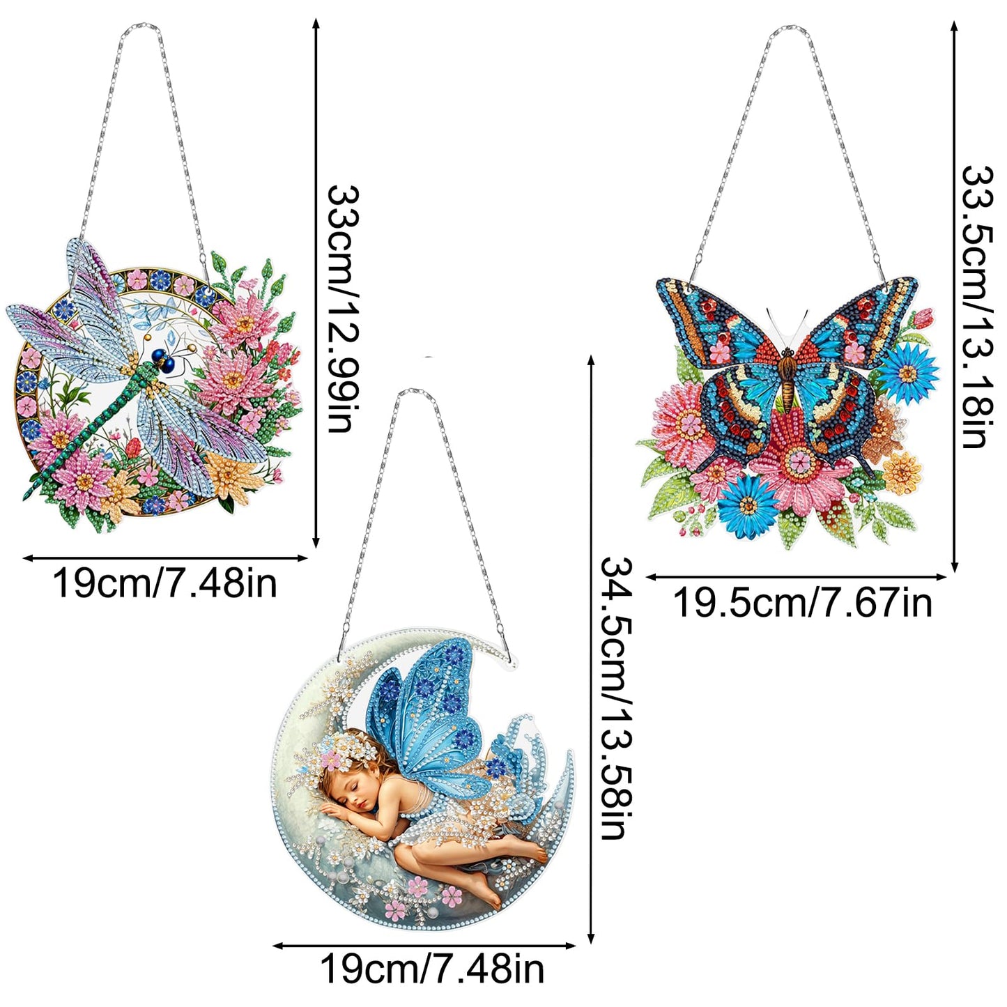 MaiYiYi 3 PCS Hanging Diamond Art Pendant Painting Kit Butterfly Fairy Special Crystal Gem Craft Painting Set Butterfly Diamond Painting Ornaments for Adult Home Wall Window Decor (13.18X7.67 in)