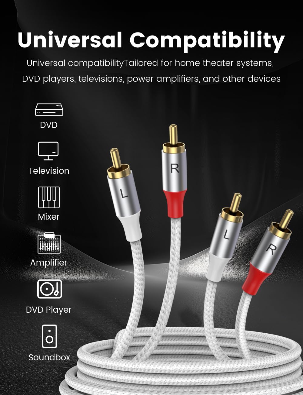 2RCA 2RCA 16.4FT/5M, 24K MOSWAG RCA Cable, Male to Male Stereo Auxiliary Audio Cable - Gold Plated Nylon Braided