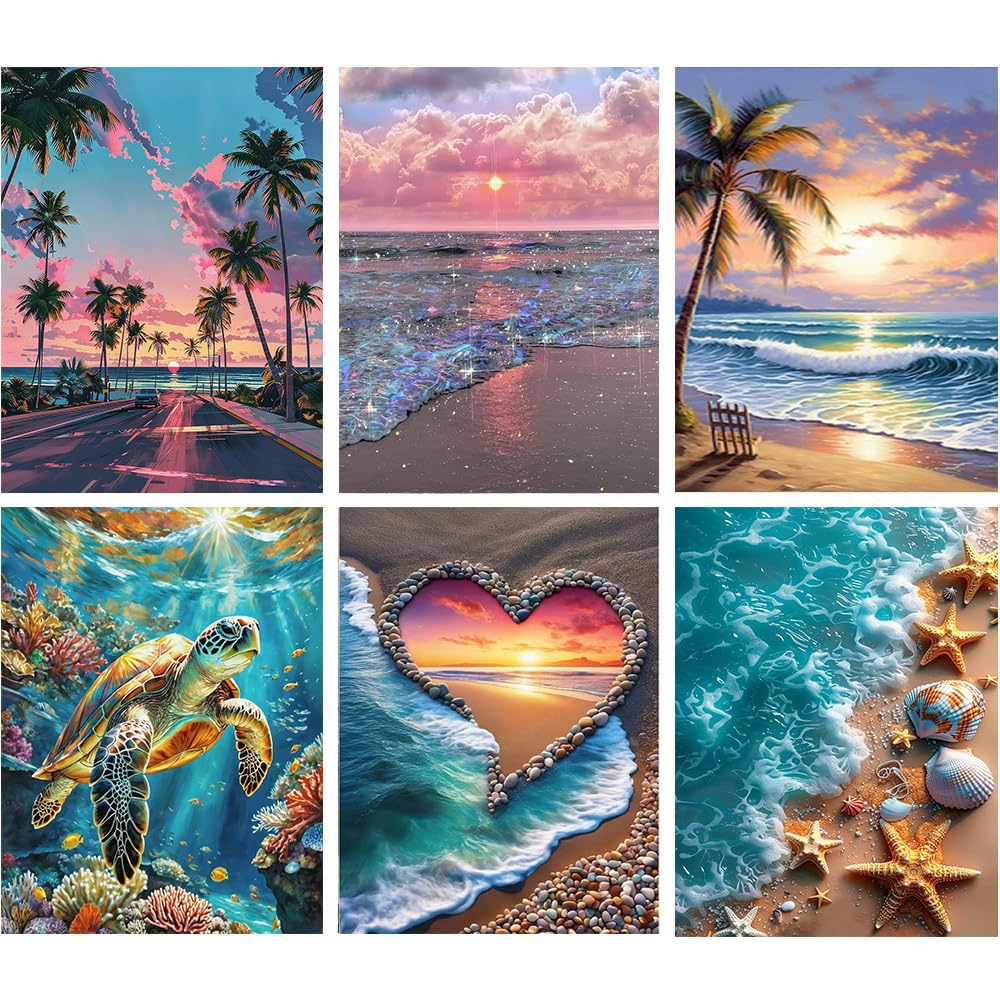 6 Pack Diamond Art Kits for Adults,Beach Diamond Painting Kits for Adults Beginner,Seascape 5D DIY Round Full Drill Gem Crystal Art,Adults Paint by Diamonds Dots for Home Wall Decor 12x16 inch