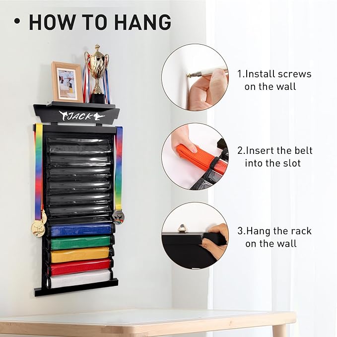 Tilhumt 12/10 Belts Karate Belt Display Rack with Stickers, Taekwondo Belt Display with Trophy/Photo Rack, Felt Dustproof Design, Easy to Put in Belt, Martial Arts Belt Display for Adults