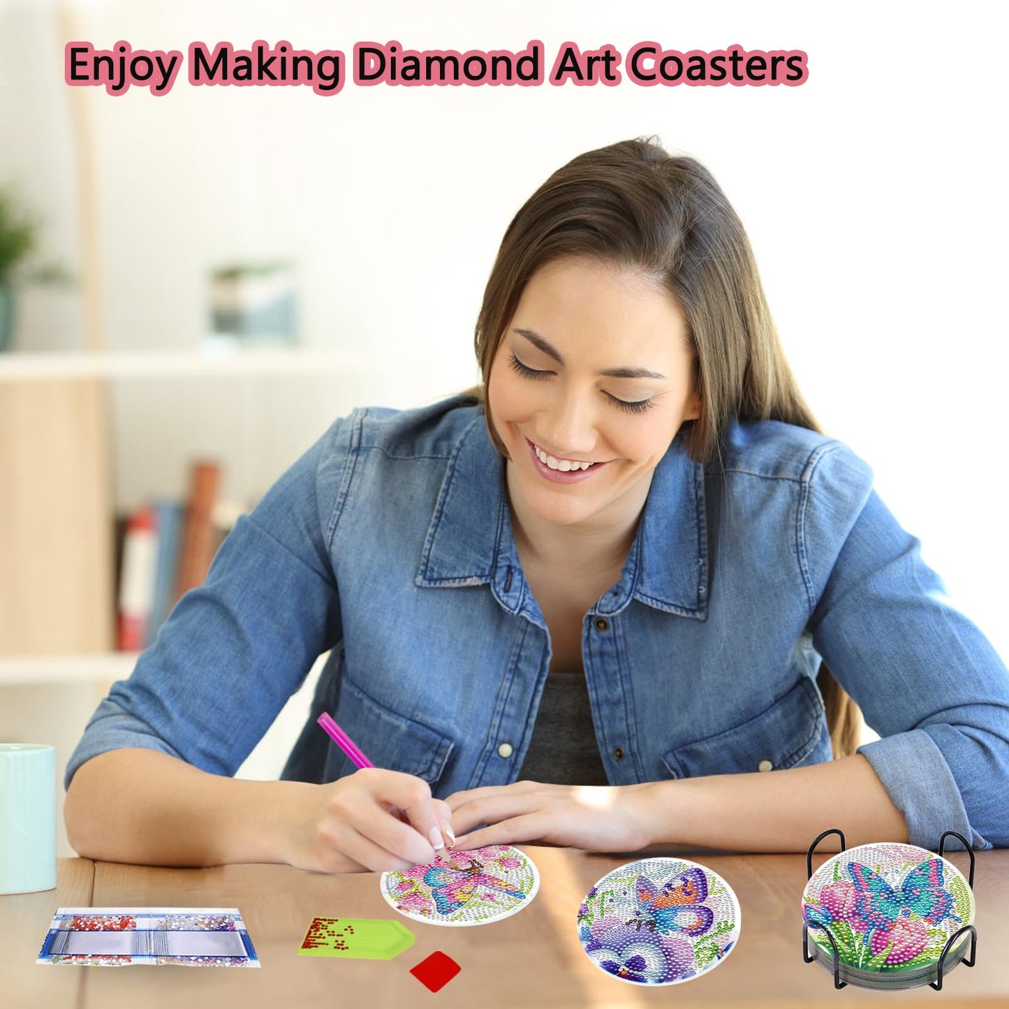 TDOOW Diamond Art Painting Coasters Kit, 8 Pcs Colorful Butterfly Diamond Art Coasters with Holder, DIY Diamond Painting for Adults Beginners