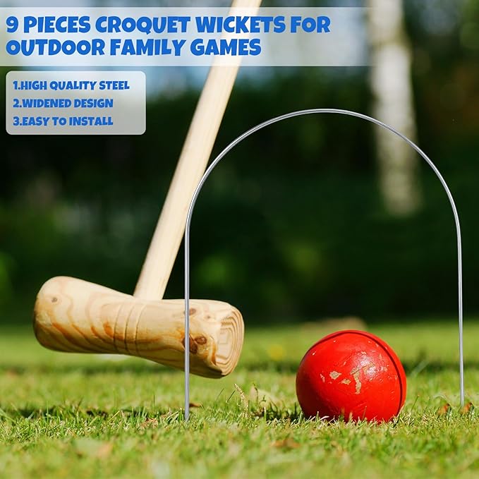 Deekin Set of 9 Croquet Wickets Replacement for Croquet Metal Hoops with Galvanized and Plastic Coating for Family Lawn Backyard Outdoor Game(U Shape)