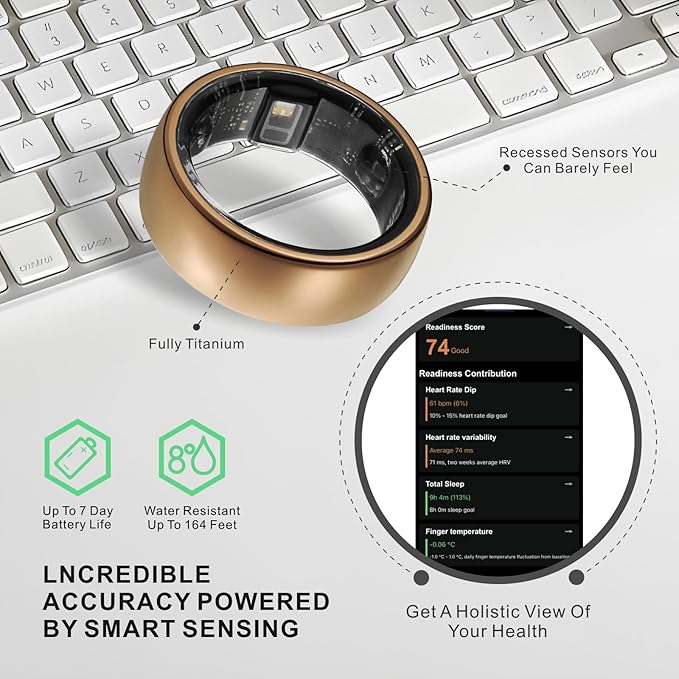 Smart Ring, Activity Trackers, Sleep Ring, Fitness Tracking, Stress Tracker, Heart Rate, Meditation, Temperature, Respiratory, No App Subscription, Women, Men, iOS, Android (Rosegold, 9)