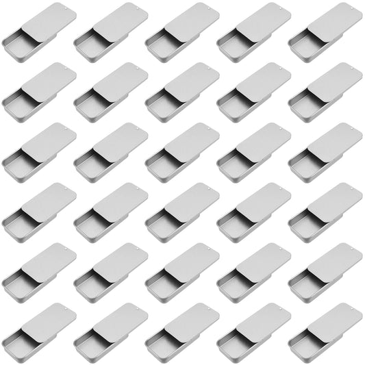 SEHOI 30 Pack Silver Metal Tin Containers, Rectangular Storage Box with Slide Lids, 0.43x2.36x1.34 inches, 0.5 oz Mini Tins for Crafts, Jewelry, Candles Storage Kit