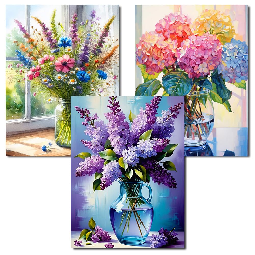 Axquilon Diamond Art Kits for Adults - 3 Pack Flowers Diamond Painting Kits for Adults, 5D Round Full Drill Vase Gem Art Paint by Diamonds Pictures DIY Crafts Kits 12x16inch