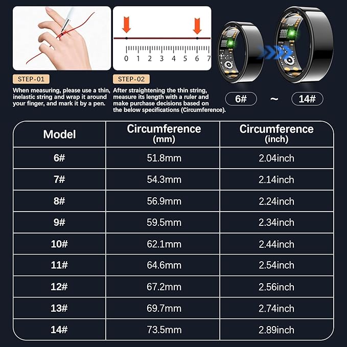 Ring Health Tracker for Women Men, Fit Ring with Heart Rate, Blood Oxygen, Sleep Monitor, Calories, Step Counter, IP68 Waterproof Smart Ring for iPhone & Android, No Subscription Fee (Black, 12#)