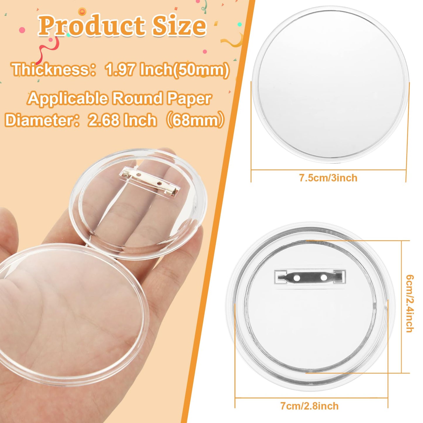 QTLCOHD 100 Pcs 3 Inch Clear Acrylic Button Pins, Custom DIY Button Maker Pin Badges Blank Round Picture Photo Buttons Making Kit for Crafts