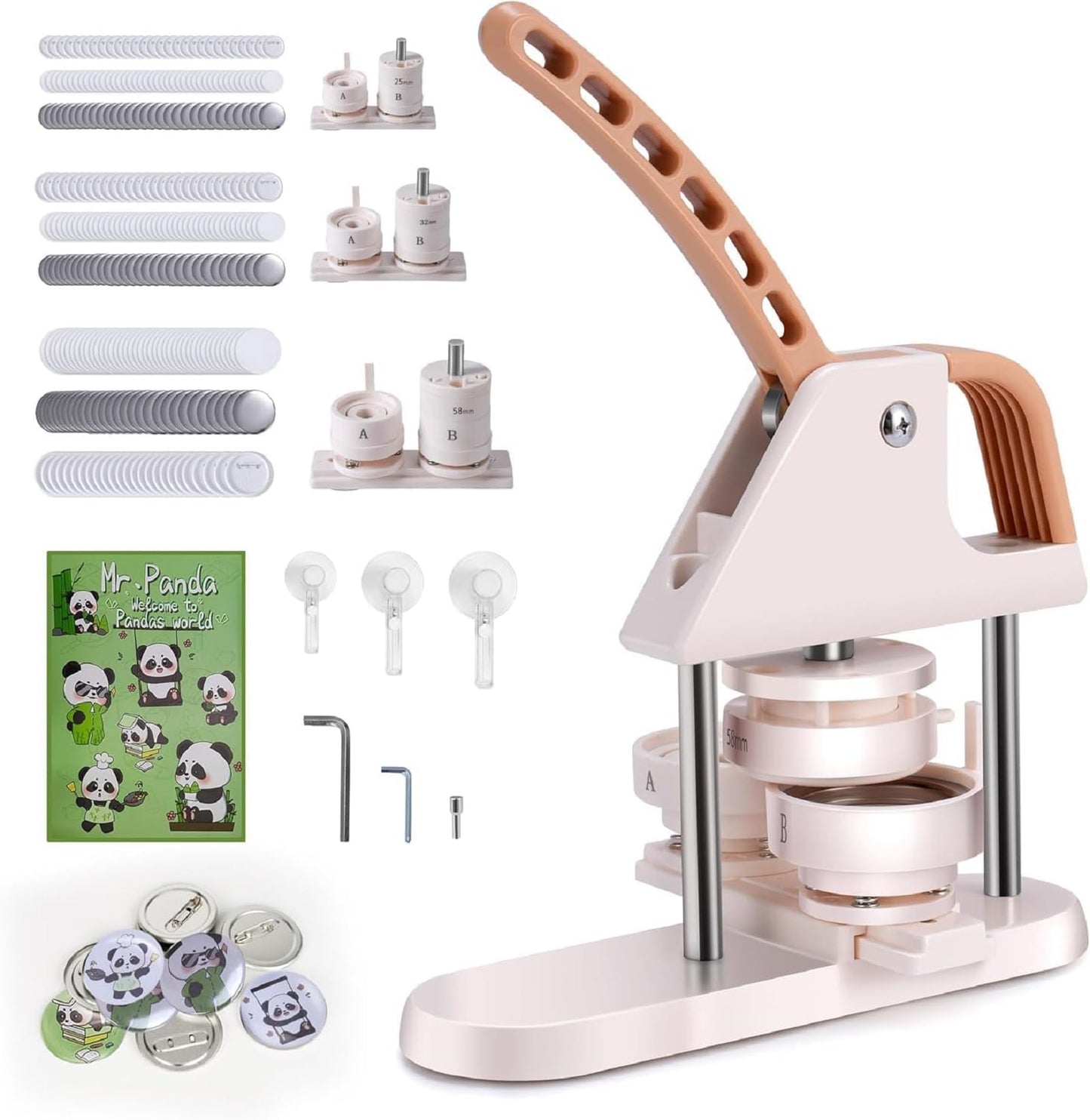 3-in-1 Button Maker Machine for 1/1.25/2.28 inch (25/32/58mm) Badges | Ergonomic Arc Handle Press Kit with 300pcs Button Parts | Includes Circle Cutter & Guidebook for DIY Crafts and Gifts