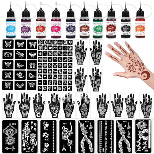 Temporary Tattoo Kit,10 Bottles Colors Temporary Tattoo Ink, 86 Temporary Stencils, 8 Gloves Stencils for Hands, (Different Sizes) Suitable for Skin Face Paint, Body Art, Party Fun