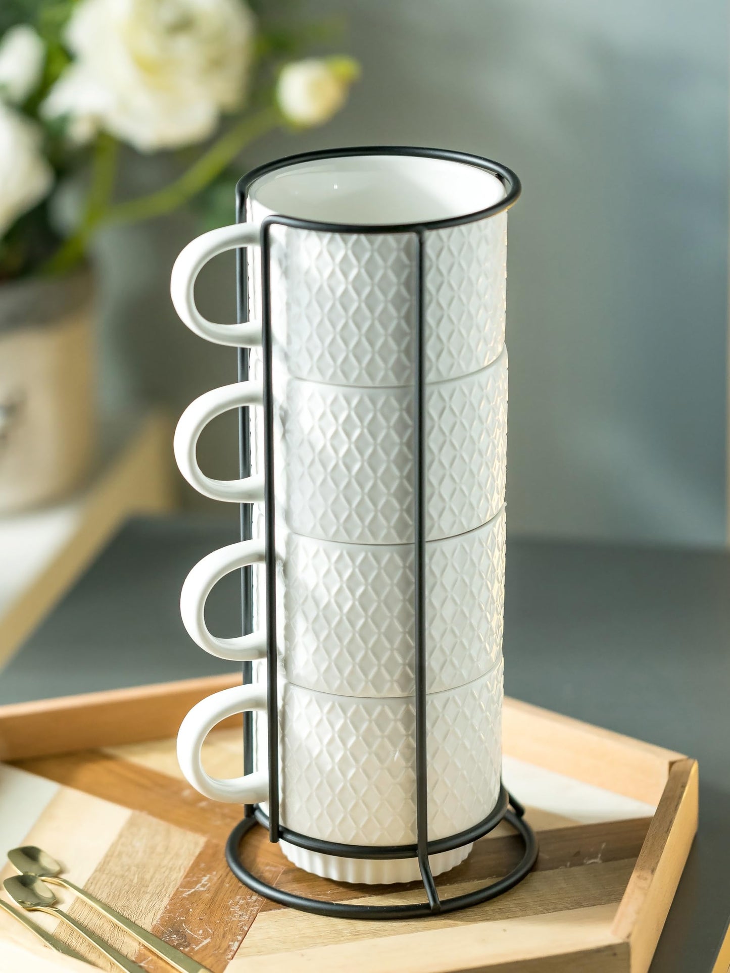 LYEOBOH Stackable Coffee Mugs with Rack, 13 oz Ceramic Coffee Mug Set of 4 with Stand, Latte Cup with Spoon, Cappuccino Cups for Hot Cocoa, Milk, White