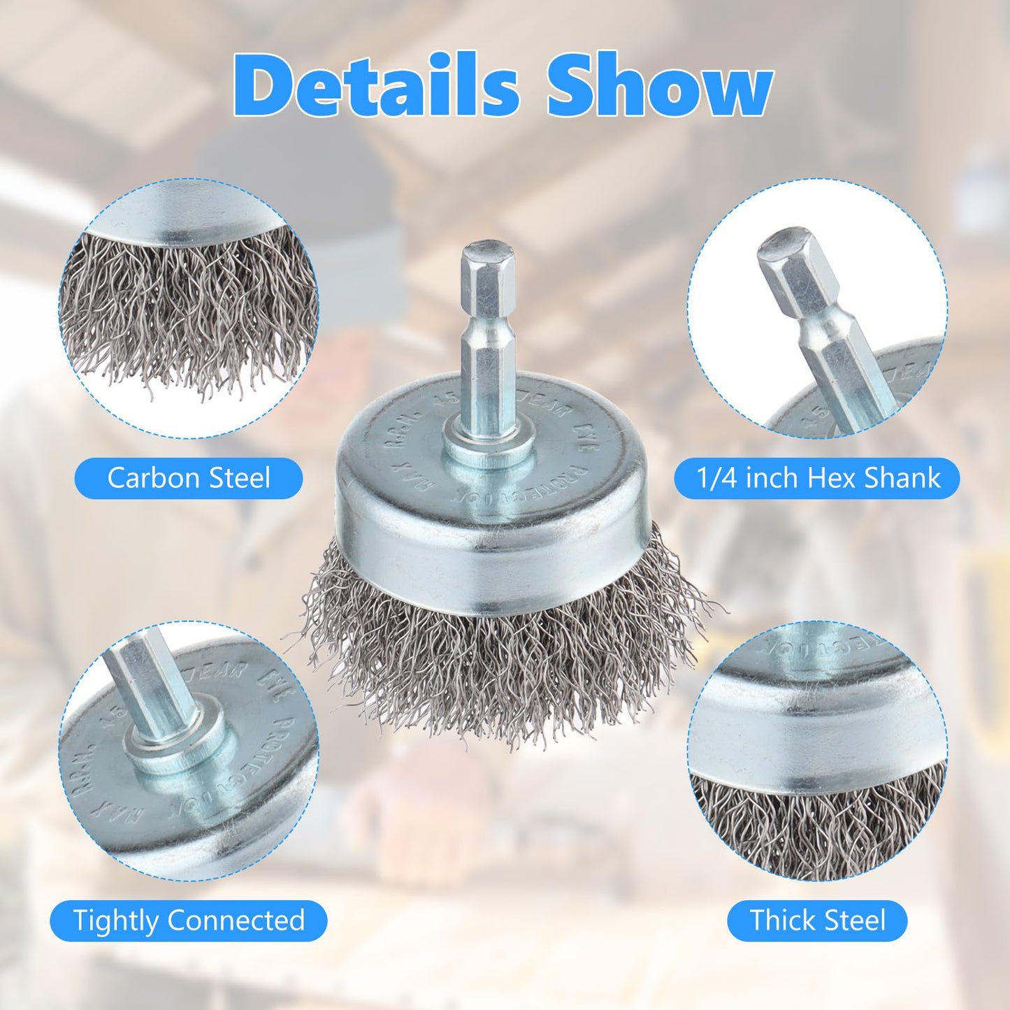 Rocaris 10-Pack Carbon Steel Wire Wheel, Cup, Pen Brush Set with 1/4-Inch Hex Shank for Rust Removal, Corrosion and Scrubbing Surfaces