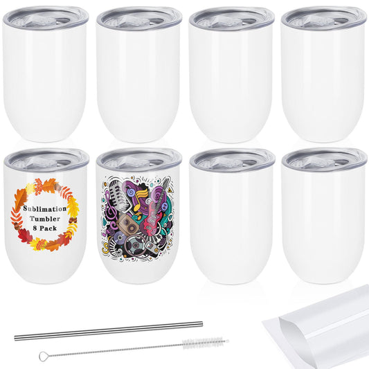 Draheri 12 Oz Sublimation Wine Tumblers Blanks Bulk, Stainless Steel Double Wall Insulated Sublimation Cups with Straw and Straw Brush, Individually Boxed (8 Pack)