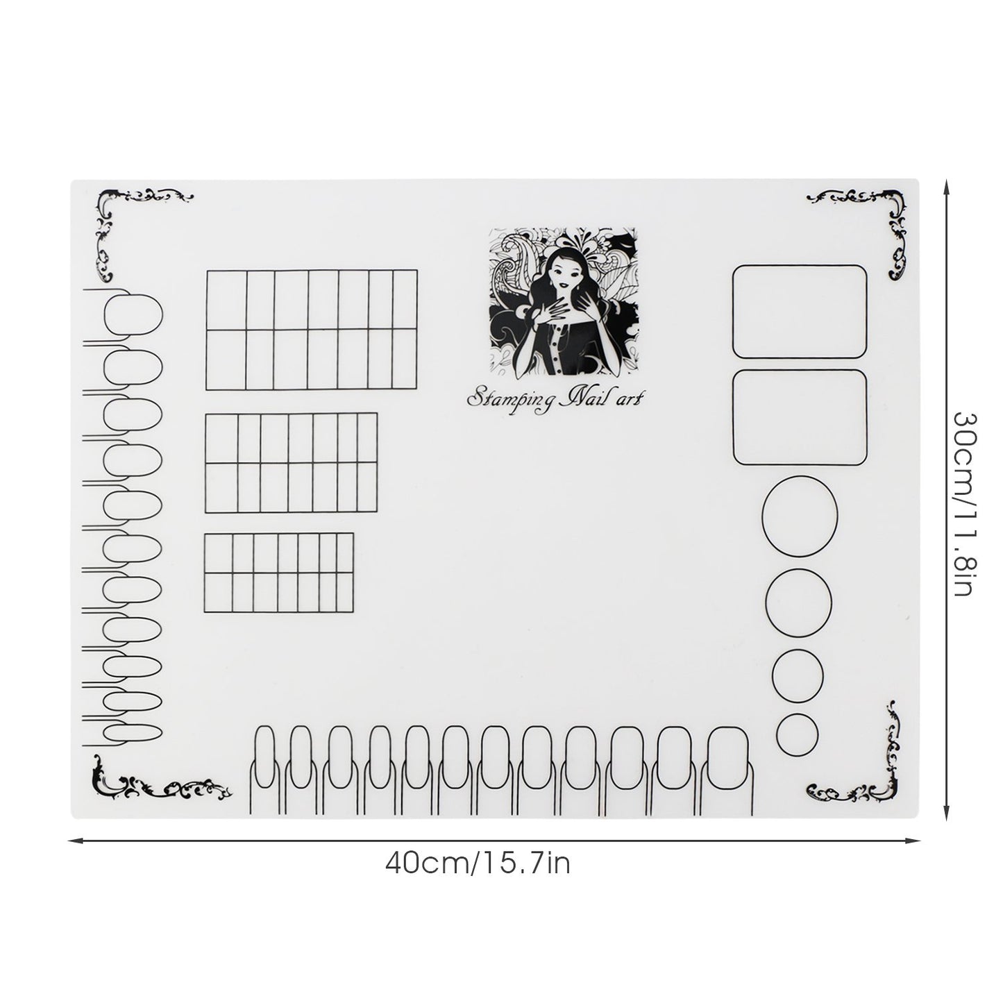 Segbeauty 2pcs Silicone Nail Mats, 16" Silicone DIY Nail Art Stamping Mats, Workspace Stamping Manicure Mat, Nail Polish Coloring Practice Pad, Nail Sticker Trainer Guide Table Cover Palette Tool