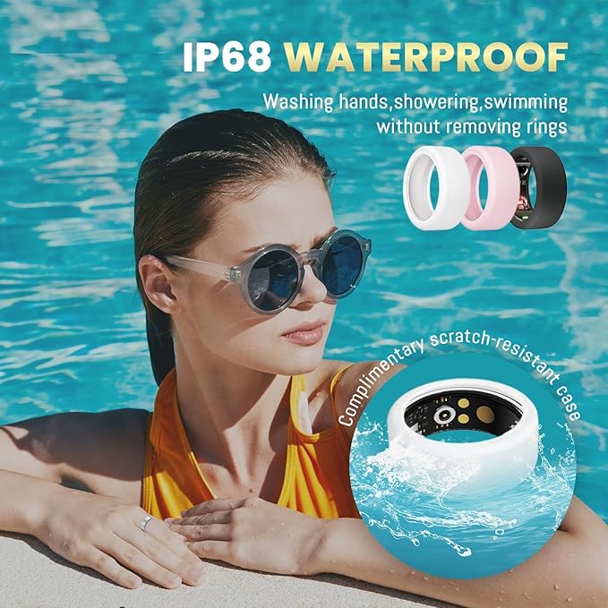 Smart Ring for Women Men, Health Tracker with Heart Rate/Blood Oxygen/Blood Pressure/Sleep Monitoring/Step Counting, IP68 Waterproof Fitness Ring, No App Fees for iPhone & Android (Black, 7#)
