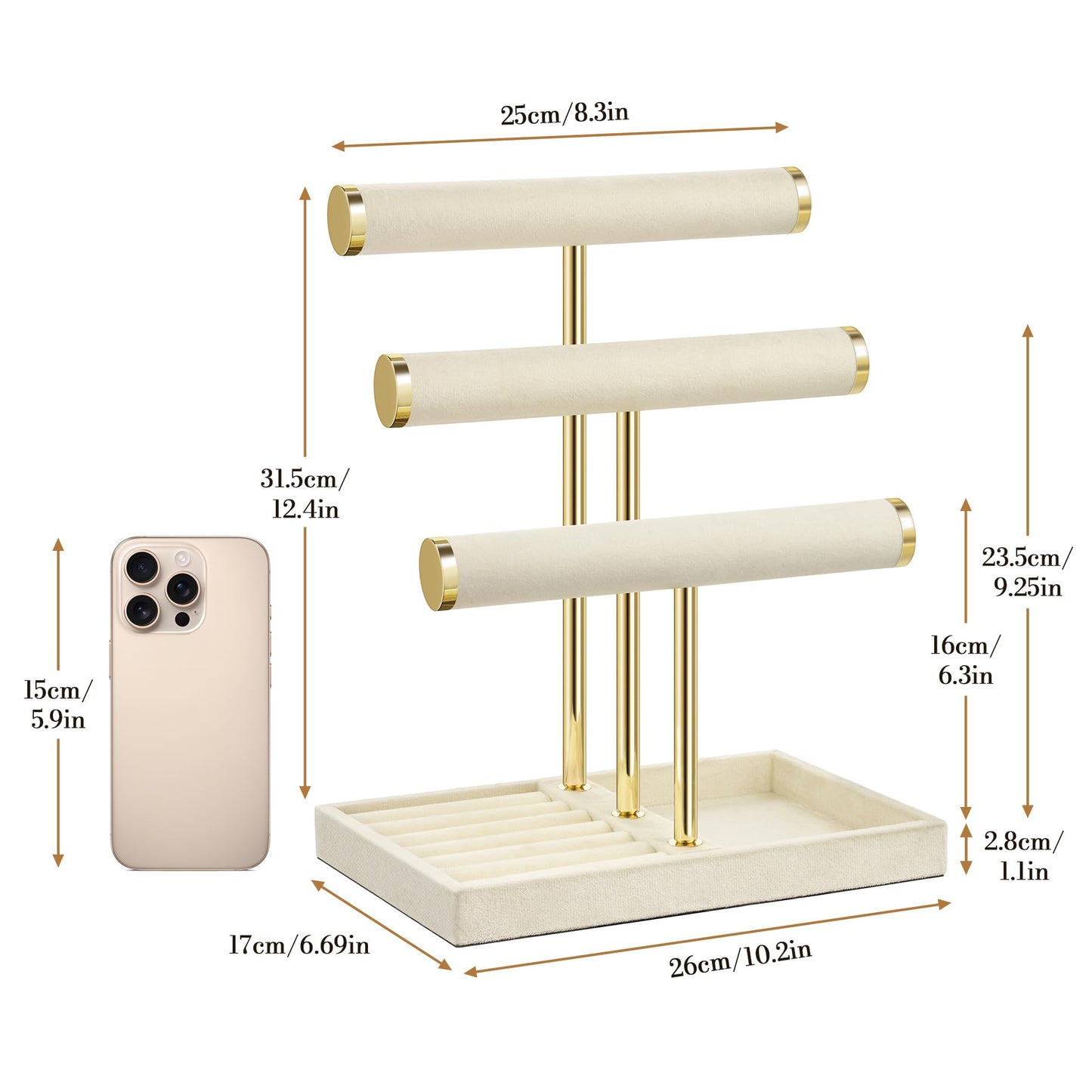 3 Tier Bracelet Holder Display - Detachable T Bar Beige Velvet Bracelet Holder, Jewelry Holder Organizer for Bracelet, Necklace, Earrings, Rings