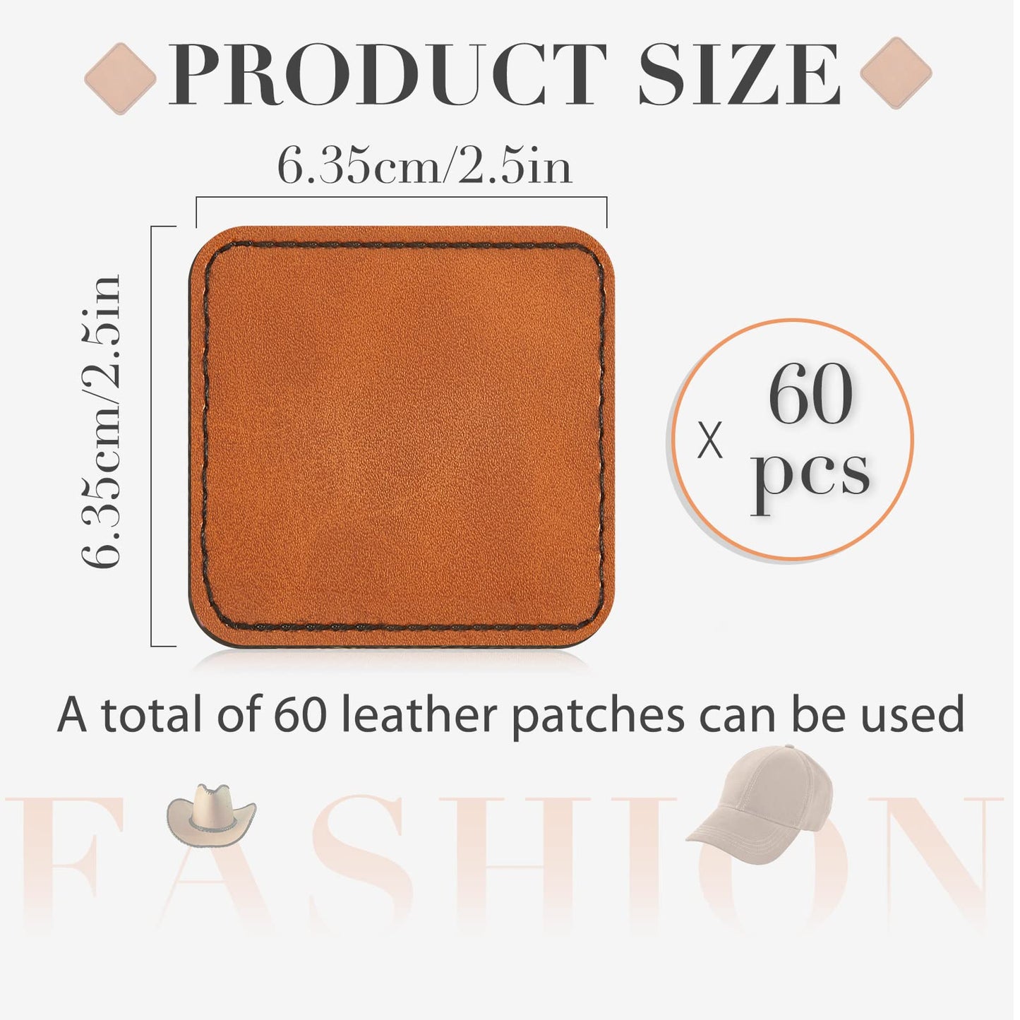 Dunzy 60 Pcs Blank Leather Hat Patch Square Laserable Rustic Leatherette Patch Adhesive for Hat Fabric Custom Repair Sew Laser Glow Forge, 2.5 x 2.5 Inch(Khaki)