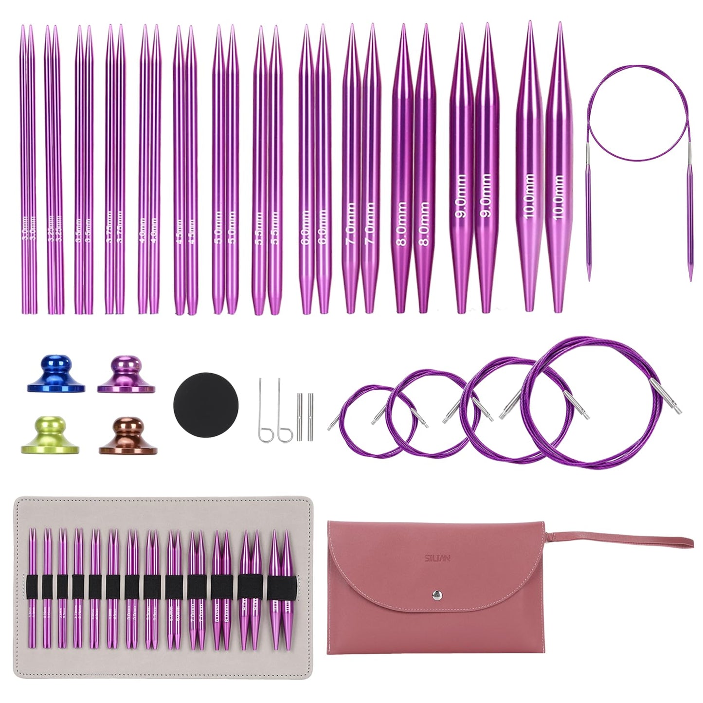 liomey Interchangeable Circular Knitting Needles Set - 13 Pairs of 4 Inch (3mm-10mm), Aluminum Needles, Ergonomic Design for Beginners and Advanced Knitters, Purple