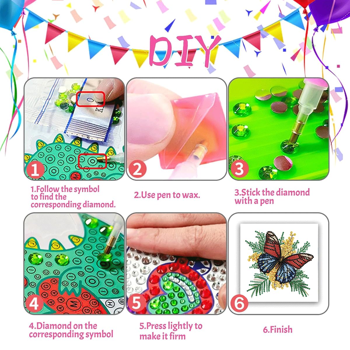 LSQFS 6Pcs Butterfly Diamond Painting Greeting Cards Kits,Foldable Blank DIY Art Cards with Envelopes and Tools, Diamond Art Cards for Birthday Christmas Mother's Day Holiday Gifting