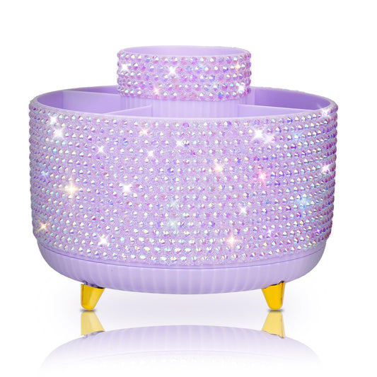 ENJIKAER Bling Purple Phinestone Desk Organizer with 5 Slots 360 Degree Rotating，Bling Pen Holder Makeup Brush Holder for Women, Silver Rhinestone Office Accessories(Purple)