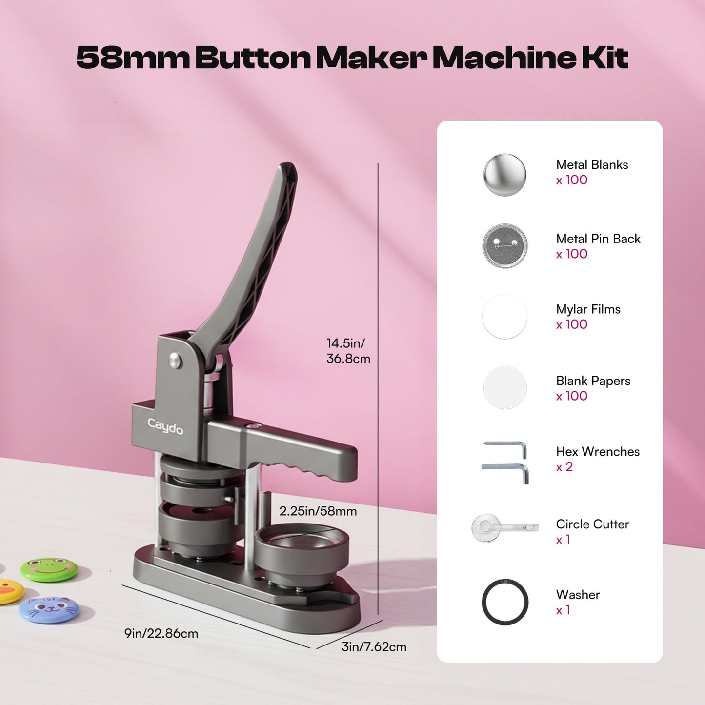 Caydo 2.25in(58mm) Button Maker Machine, Pin Maker Machine for Anime Fans DIY Badge Making Press Kit, Create Fan Pins for Conventions, Anime Meetups & Band Parties, Gifts for Young Adults