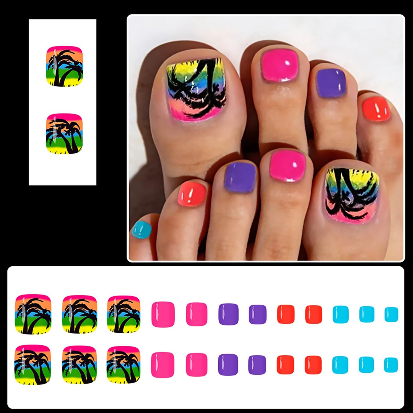 24Pcs Summer Beach Press on Toenails,Short Square Fake Toenails Colorful Acrylic Toenails with Coconut Trees Designs Full Cover Reusable Glossy Stick on Toes Nails for Women Girls