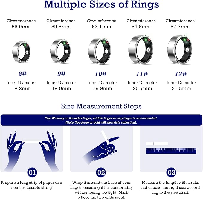 Smart Ring Health Tracker, Sleep Tracker Ring with Heart Rate, Waterproof Fitness Ring for Activity Monitoring/Steps/Distance/Calories,Air Gestures,Up to 7-Day Battery,for iOS Android(Light Silver#11)