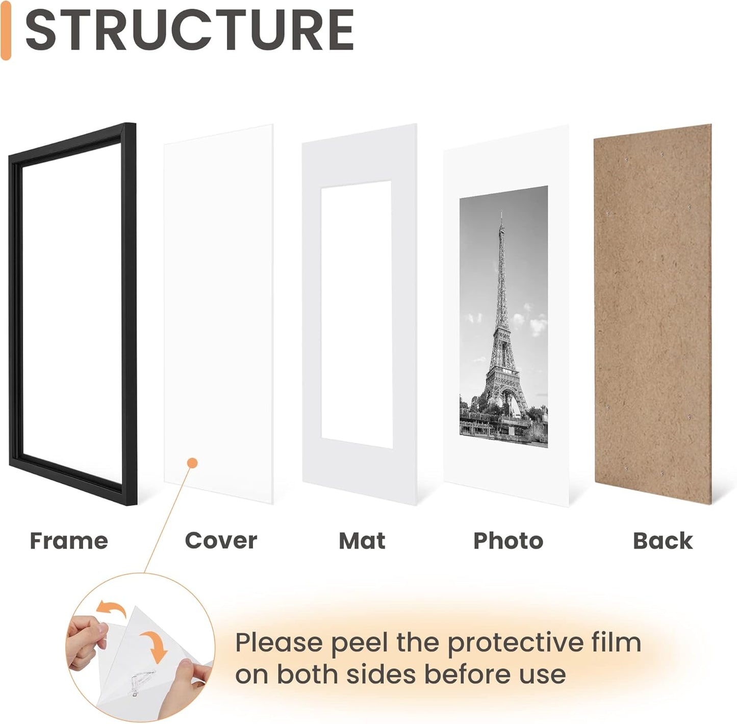 Upsimples 16x20 Picture Frame Set of 5 - Display 11x14 with Mat or 16x20 Without | Black Gallery Frames