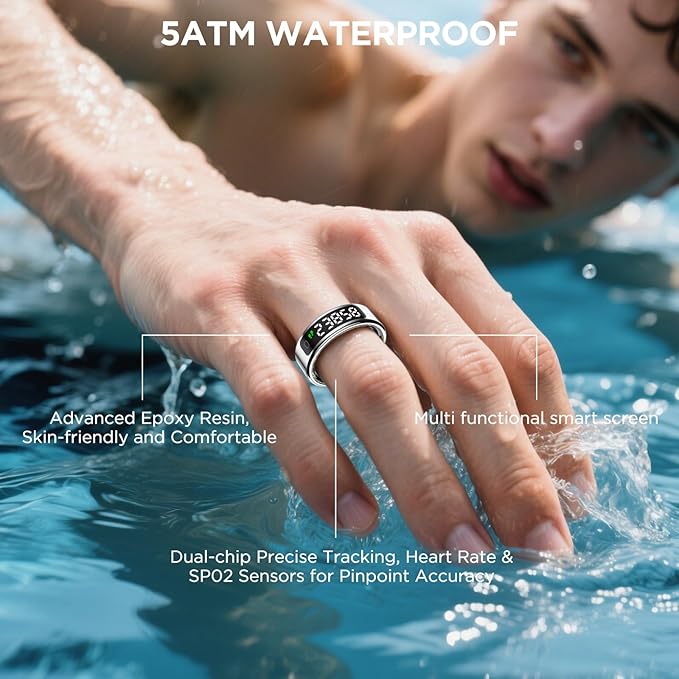 Smart Ring Health Tracker with Display Screen, Sleep Tracker Ring with Heart Rate, Fitness Ring Step tracker for Activity Monitoring/Steps/Calories,Wireless Charging, for iOS Android (Silver,8#)