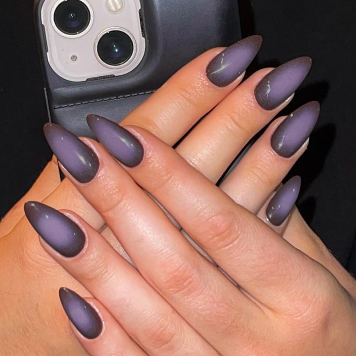 GLAMERMAID Black Pink Ombre Press on Nails Medium Almond, Purple Aurora Fake Crush Nails, Stiletto Fake Nails, Short Oval Stick Glue on Nails Tips for Women, Reusable Acrylic False Nail Kits
