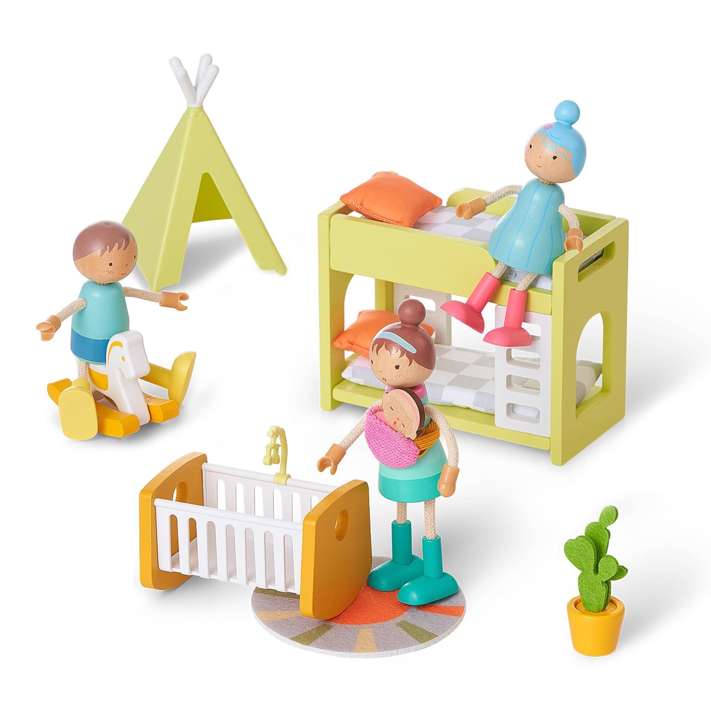 Giant bean Wooden Family Dolls Set of 7 for Dollhouse, Dollhouse People Miniature Dollhouse Accessories Toy for Boys Girls Kids Pretend Play 3 Years up