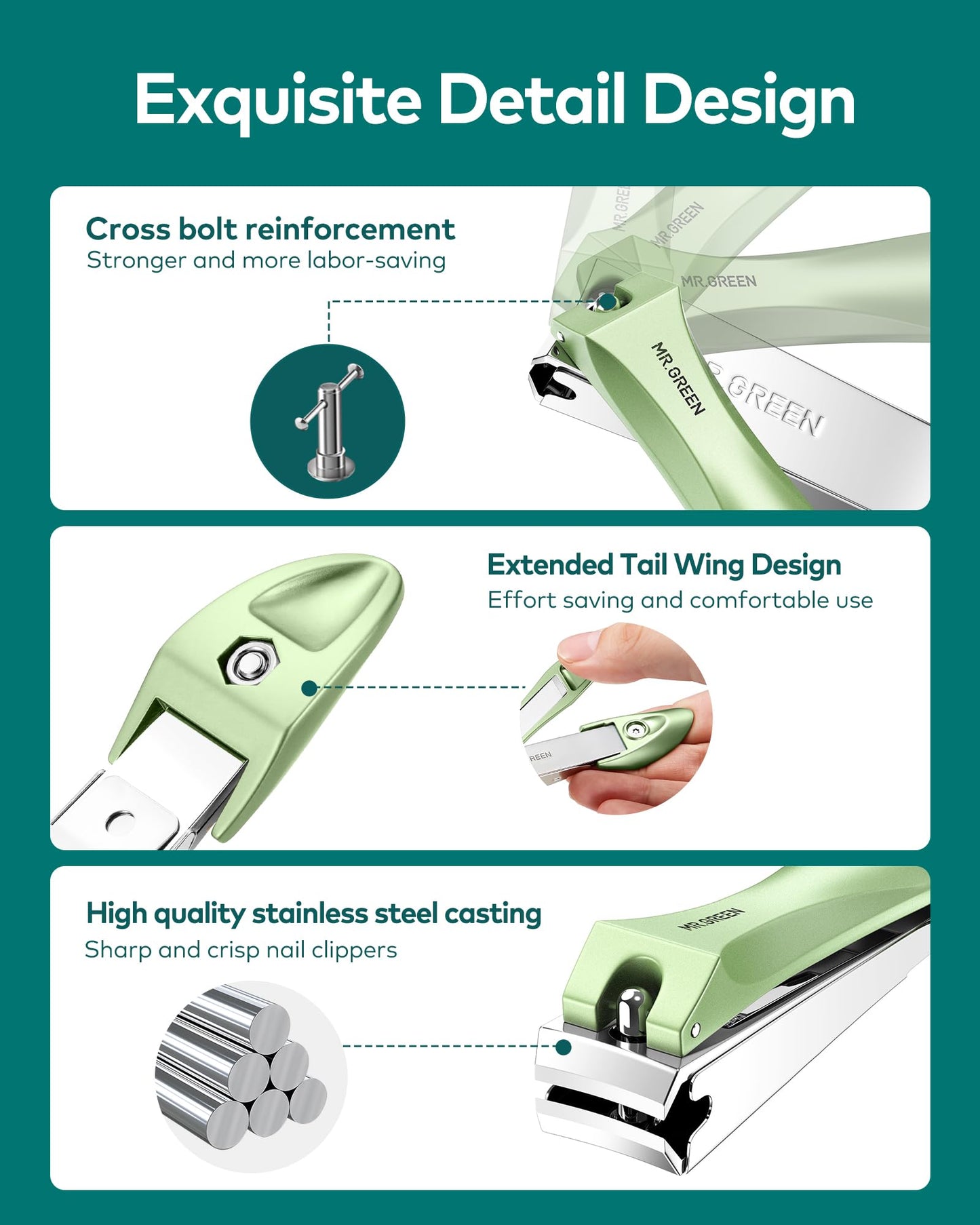 MR.GREEN Nail Clippers with Nail File,Anti Splash Nail Clipper Set for Thick Nails,Medical Grade Stainless Steel Professional Nail Cutter,Sharp and Durable fingernail Clipper for Men and Women(Green)