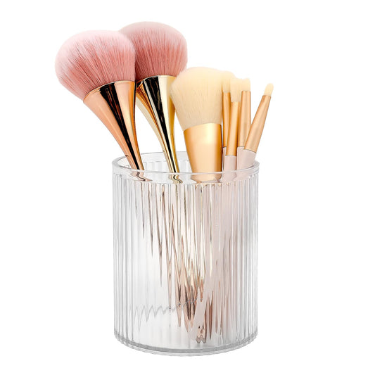DASITON Makeup Brush Holder Organizer, Acrylic Makeup Brush Cup, Vintage Striped Make Up Brush Holder for Vanity, Bathroom Countertop, Toothbrush Holders, Pen Holder for Desk Storage (Clear)