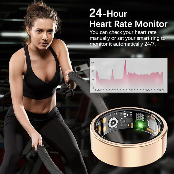 Ring Health Tracker for Women Men, Fit Ring with Heart Rate, Blood Oxygen, Sleep Monitor, Calories, Step Counter, IP68 Waterproof Smart Ring for iPhone & Android, No Subscription Fee (Rose Gold, 8#)