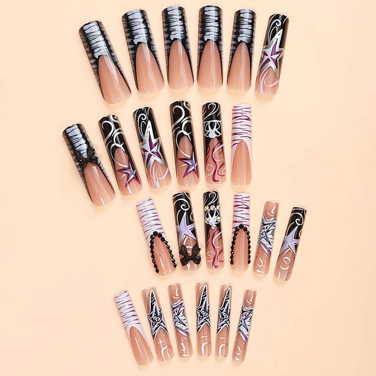 RUOKEXIN Extra Long Press on Nails Black French Tip Fake Nails Square False Nails with Bow Rhinestones Designs Extra Long Square Nail Press ons Sparkly Glue on Nails Cute Stick on Nails for Women